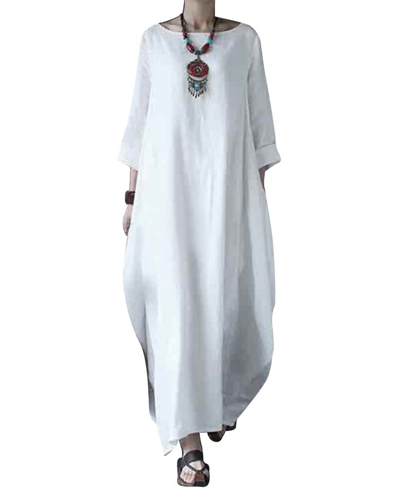 Jacansi Women Boho Beach Party Plain Cotton Linen High Low Hem Kaftan Dress (04-White, L) - Image 1